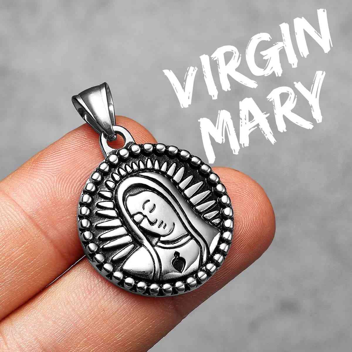 Round Virgin Mary Necklace with Sacred Heart Silver Pendant Only Xenos Jewelry