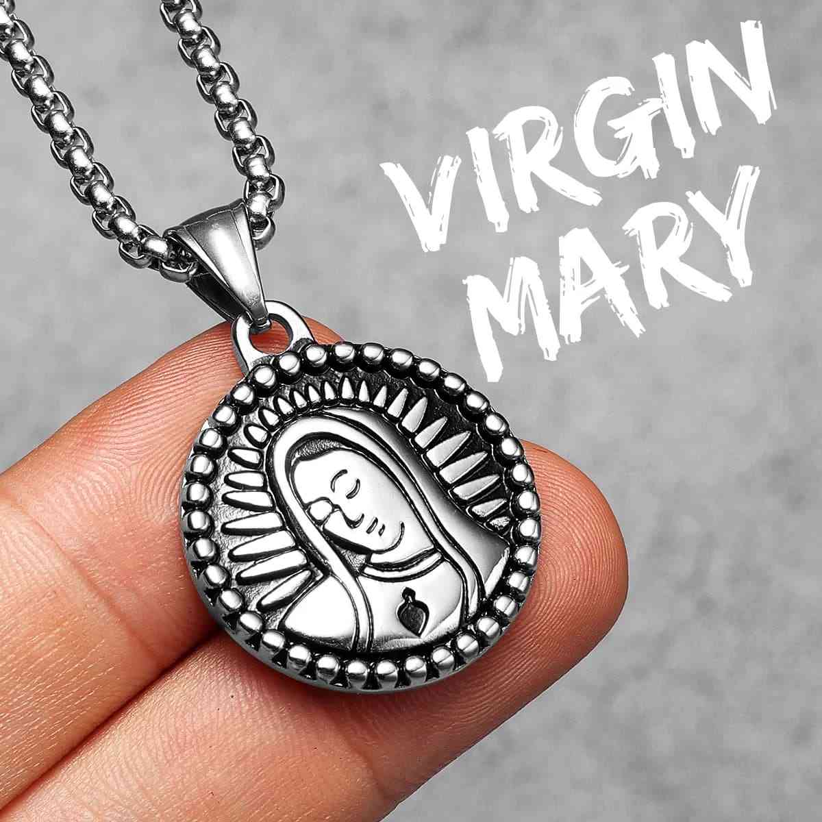 Round Virgin Mary Necklace with Sacred Heart Silver Pendant with Chain Xenos Jewelry