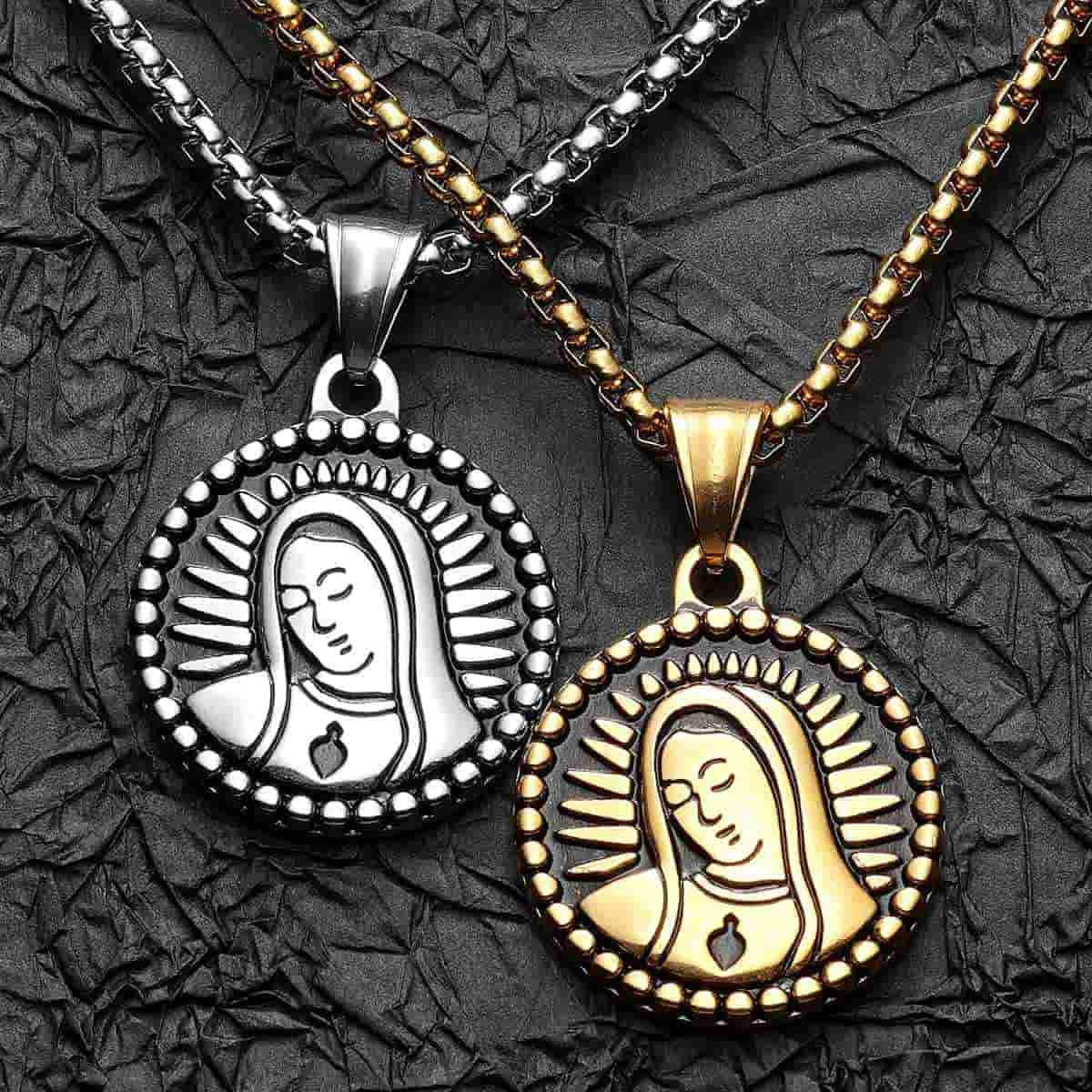 Round Virgin Mary Necklace with Sacred Heart Xenos Jewelry