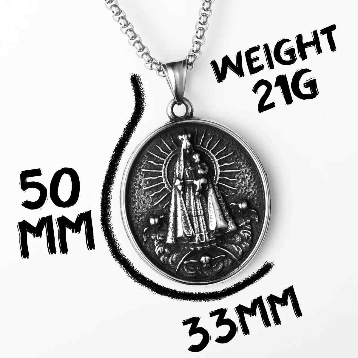 Round Virgin Mary Pendant with Sunburst Dimensions and Weight Xenos Jewelry