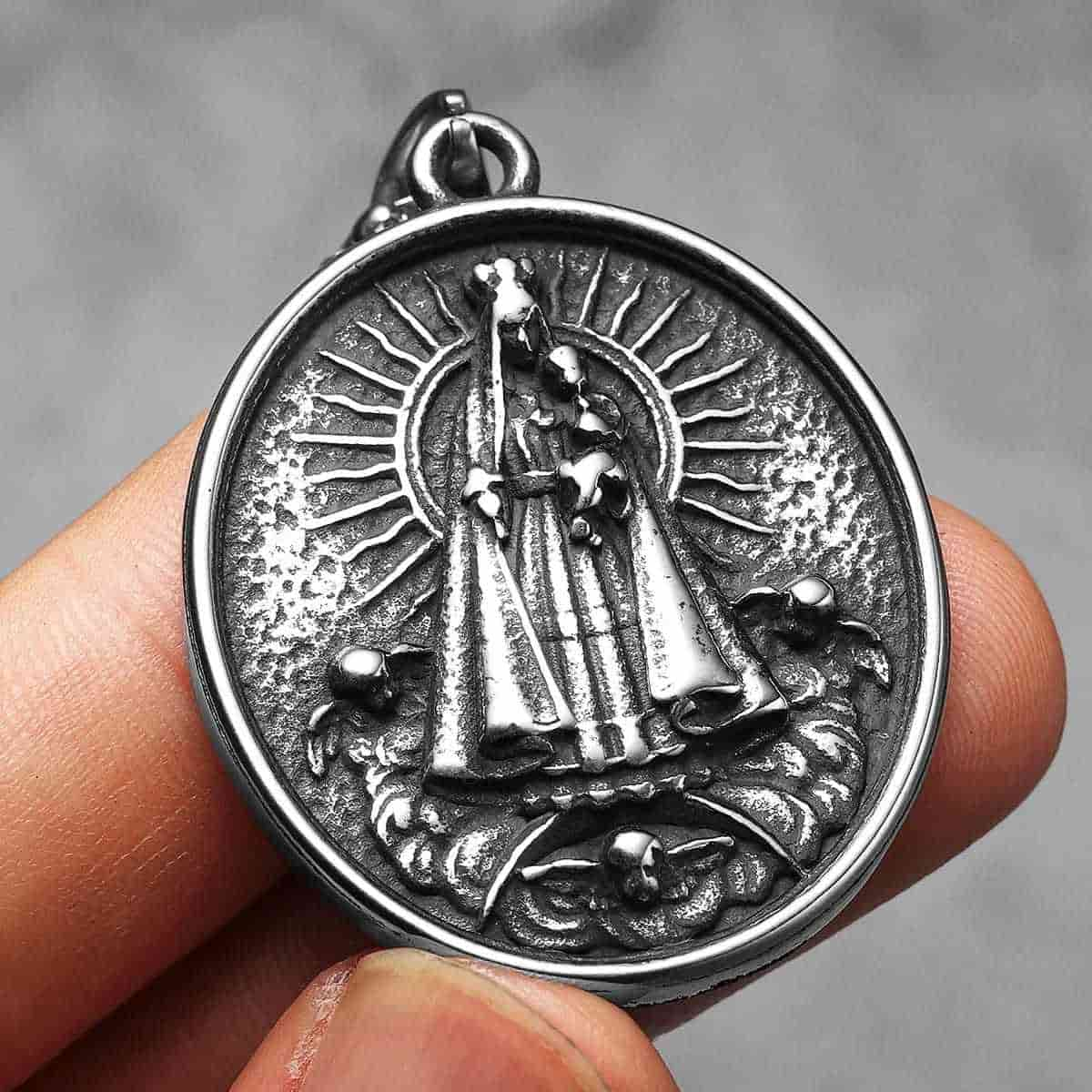 Round Virgin Mary Pendant with Sunburst Front Xenos Jewelry