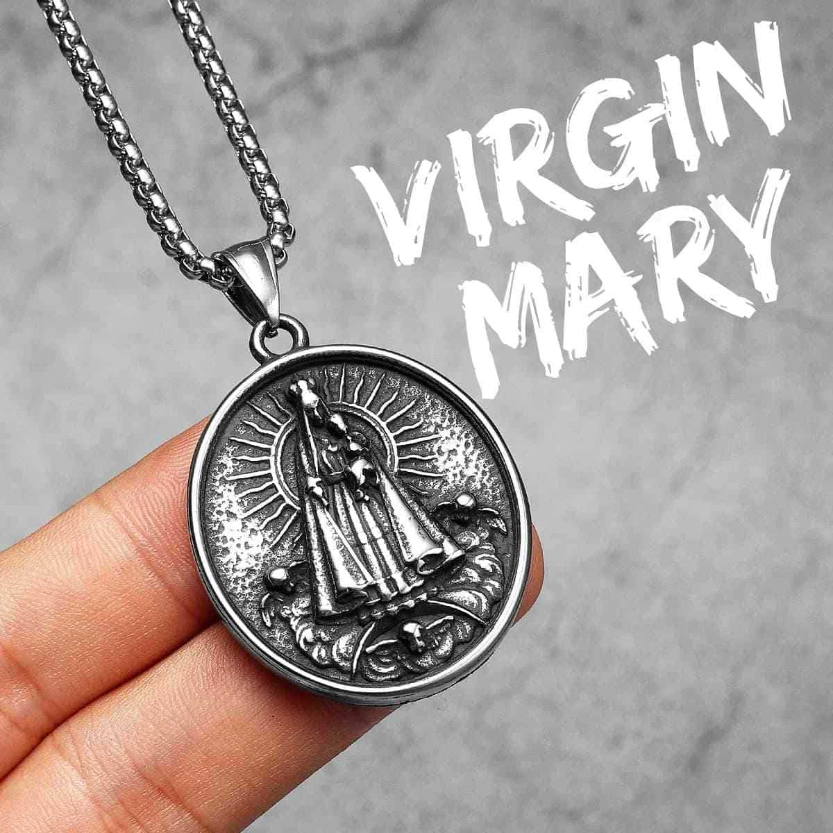 Round Virgin Mary Pendant with Sunburst Pendant with Chain Xenos Jewelry