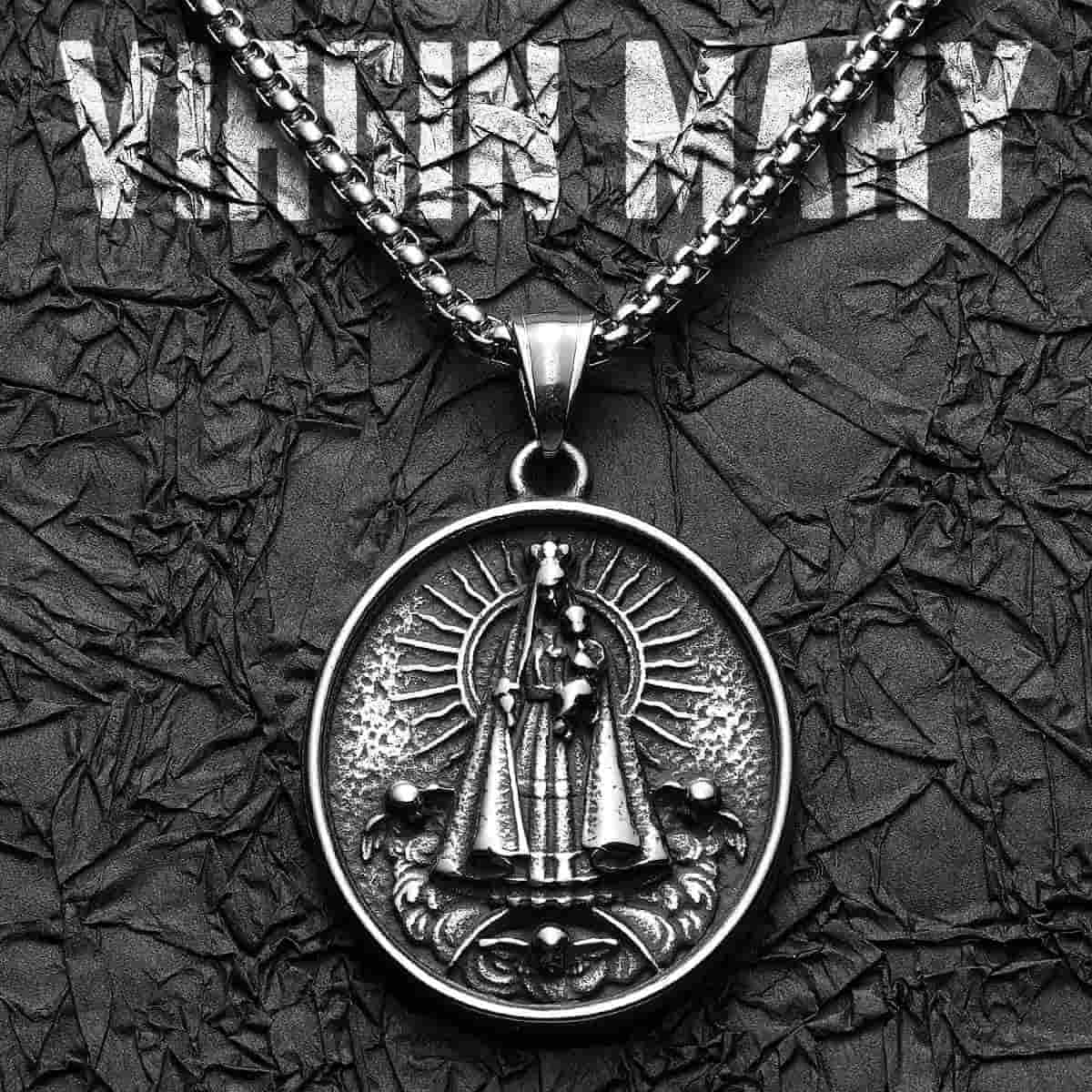 Round Virgin Mary Pendant with Sunburst Xenos Jewelry