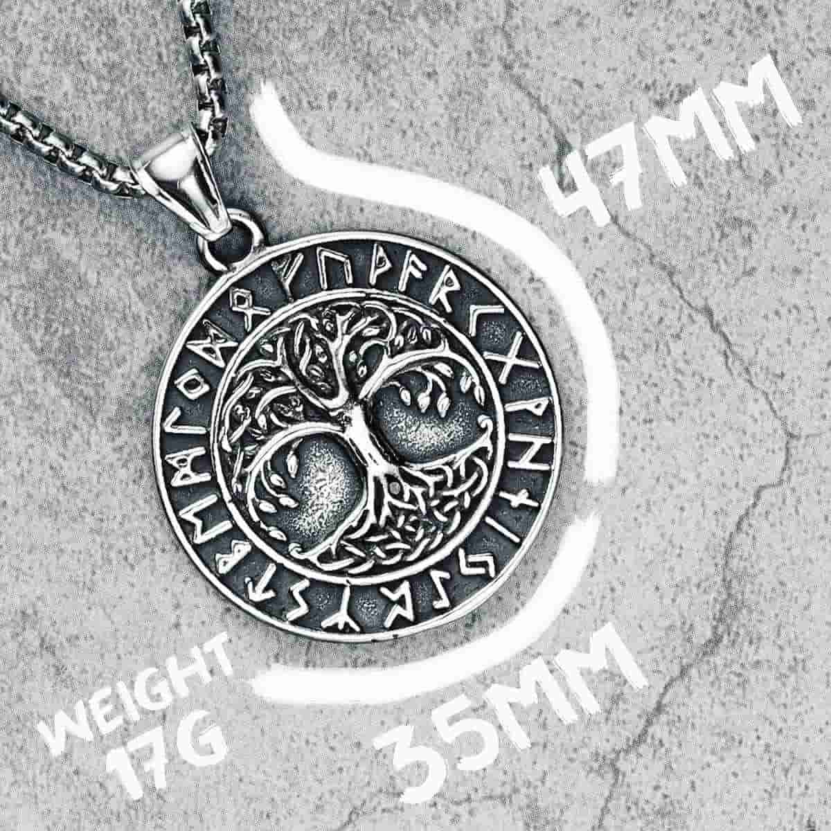 Round Yggdrasil Necklace with Runes Dimensions and Weight Xenos Jewelry