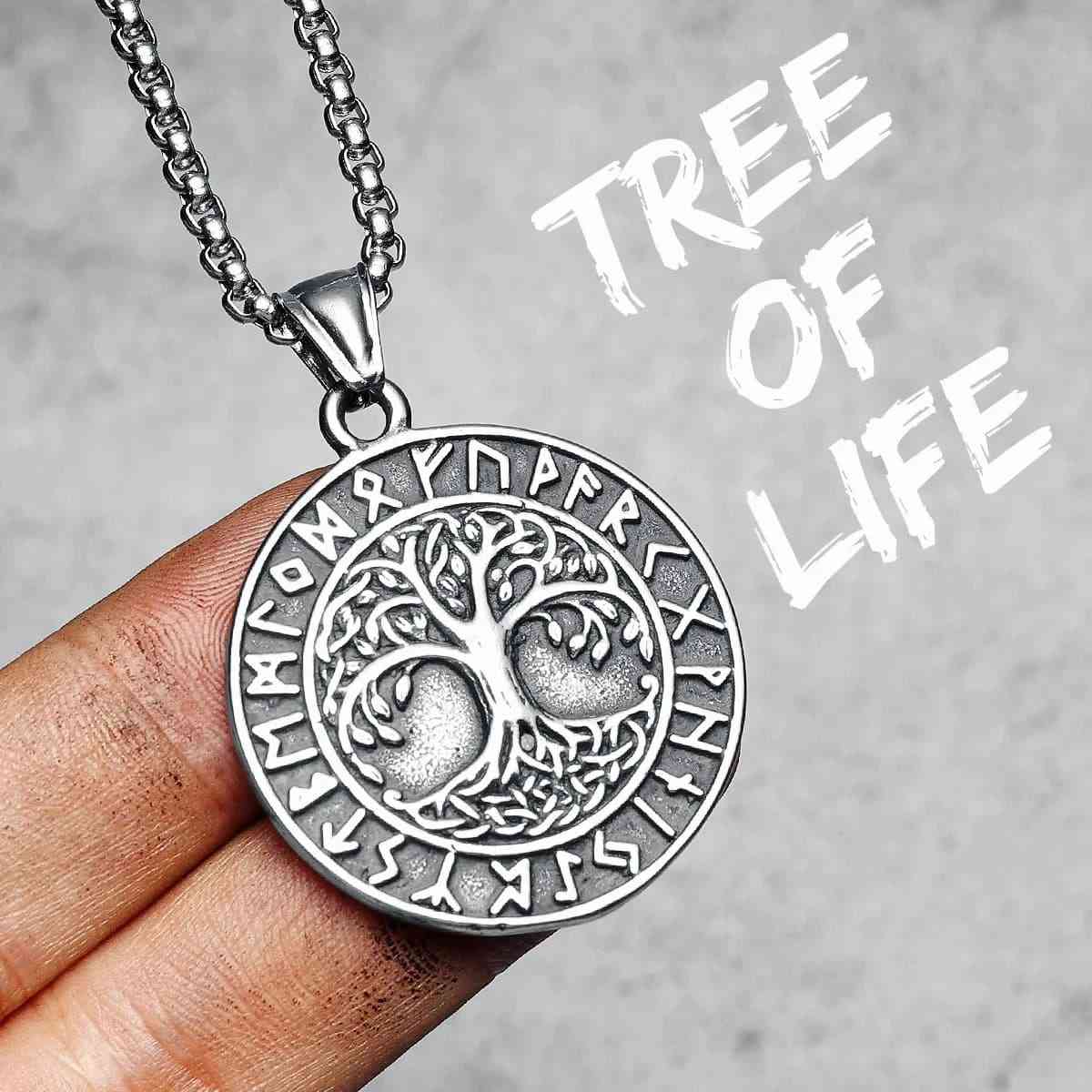 Round Yggdrasil Necklace with Runes Pendant with Chain Xenos Jewelry