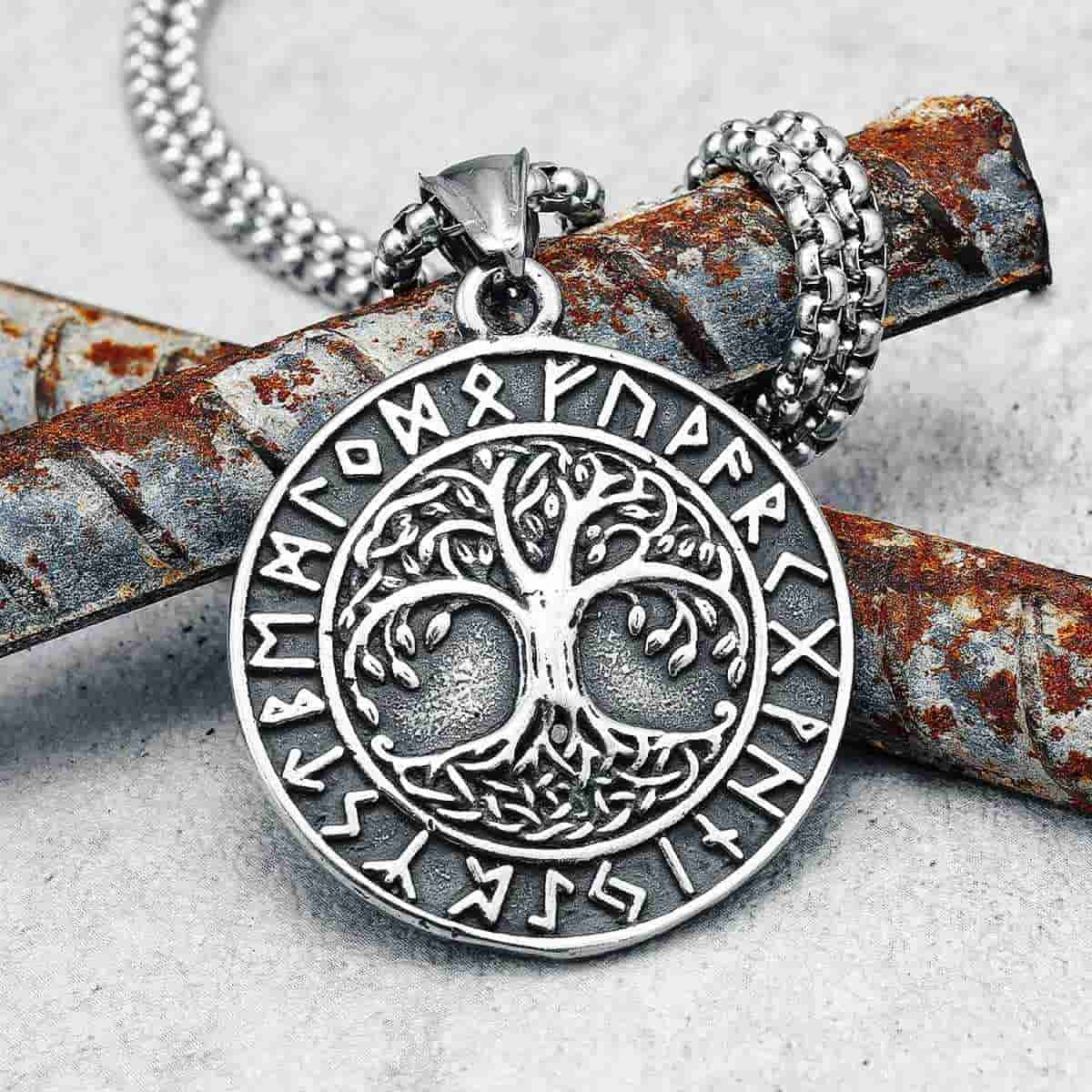 Round Yggdrasil Necklace with Runes Xenos Jewelry