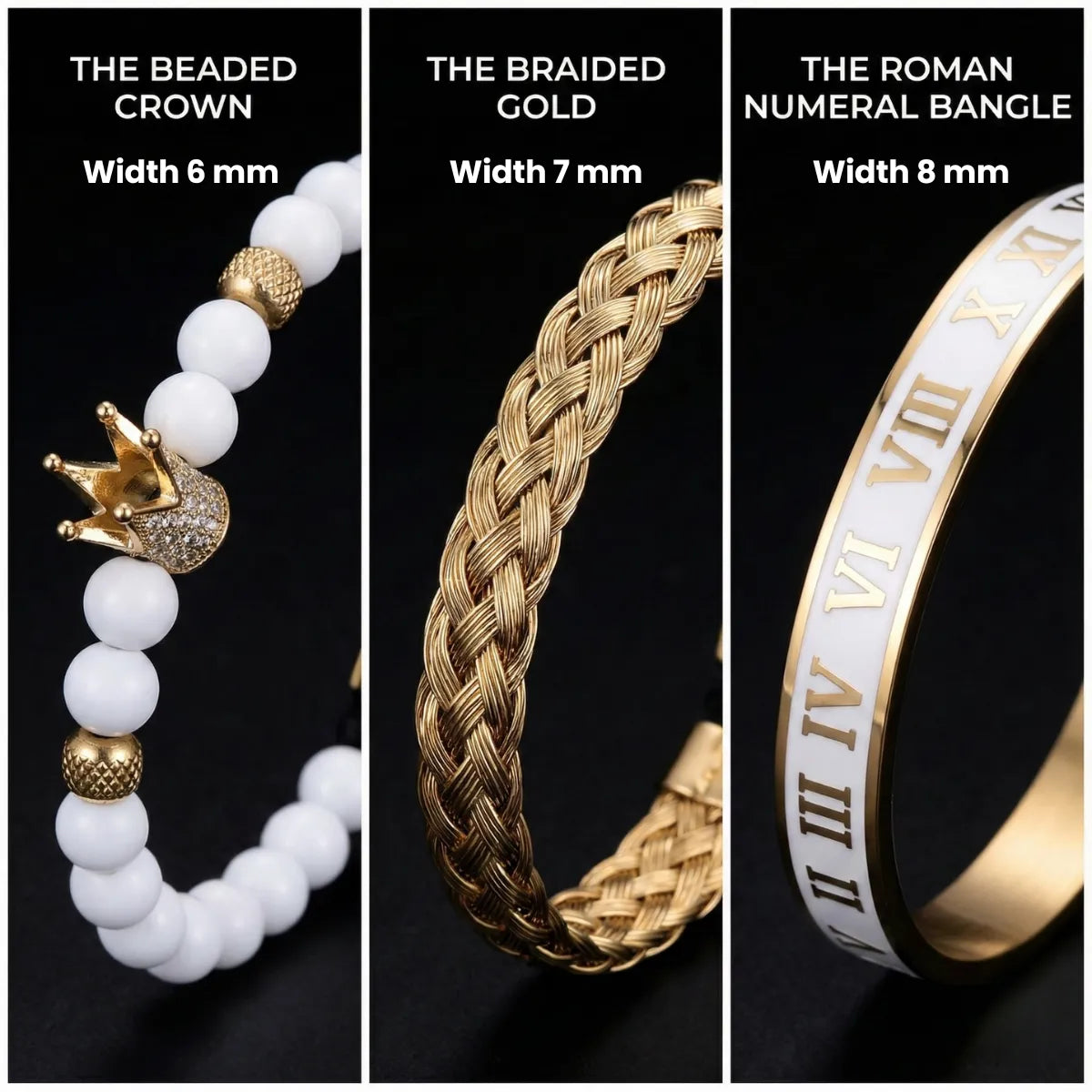 Royal Crown White Bead & Roman Numeral Bracelet Set Dimensions