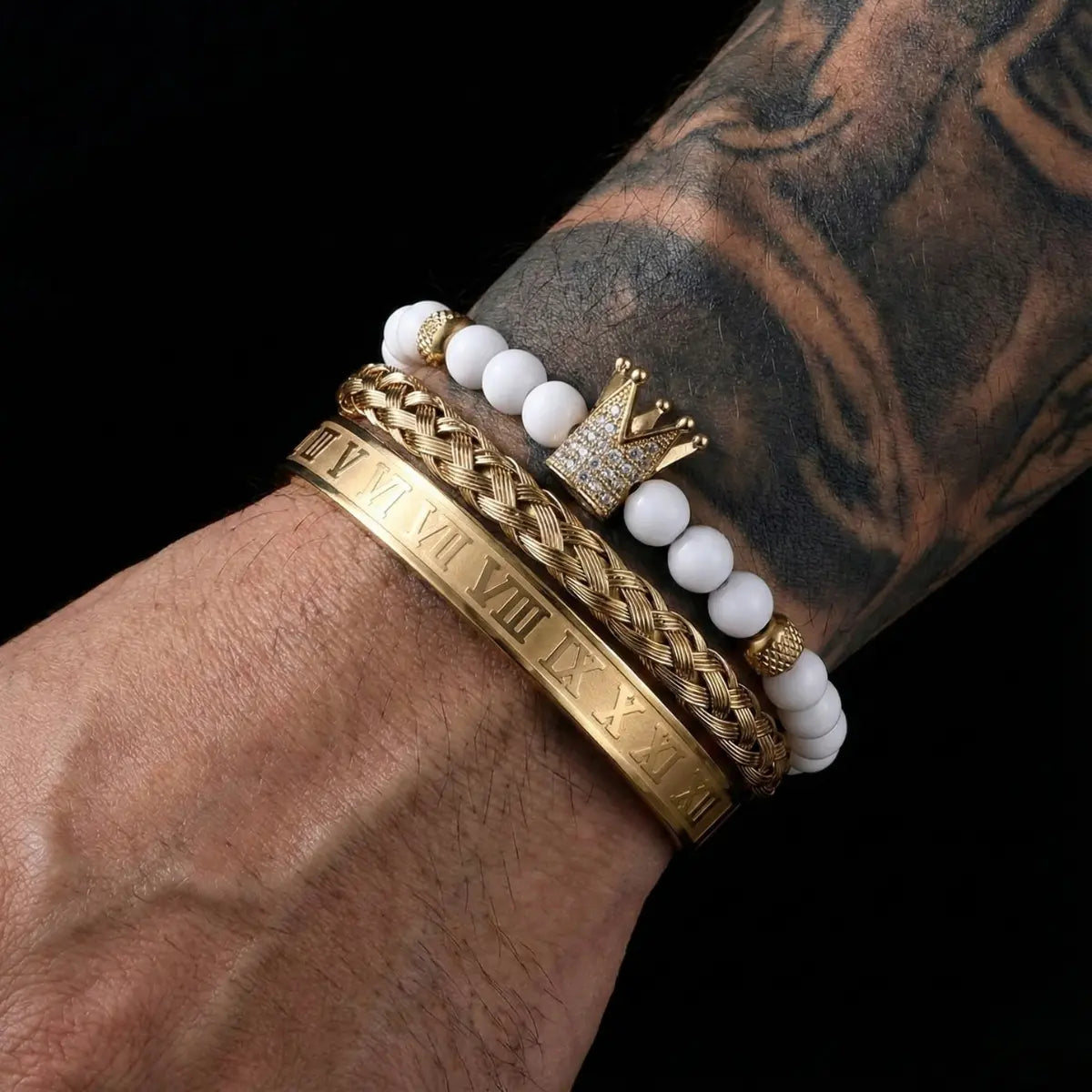 Royal Crown White Bead & Roman Numeral Bracelet Set Gold Worn by Male Model