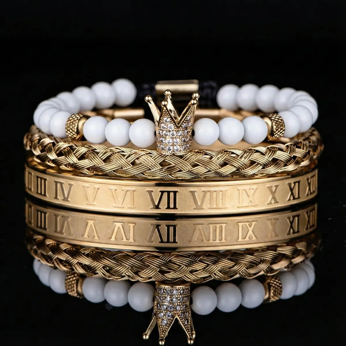 Royal Crown White Bead & Roman Numeral Bracelet Set Gold