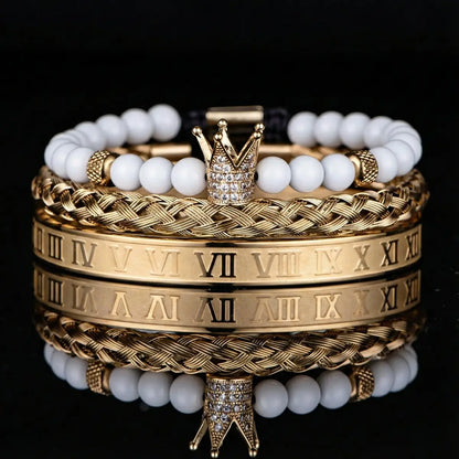 Royal Crown White Bead & Roman Numeral Bracelet Set Gold