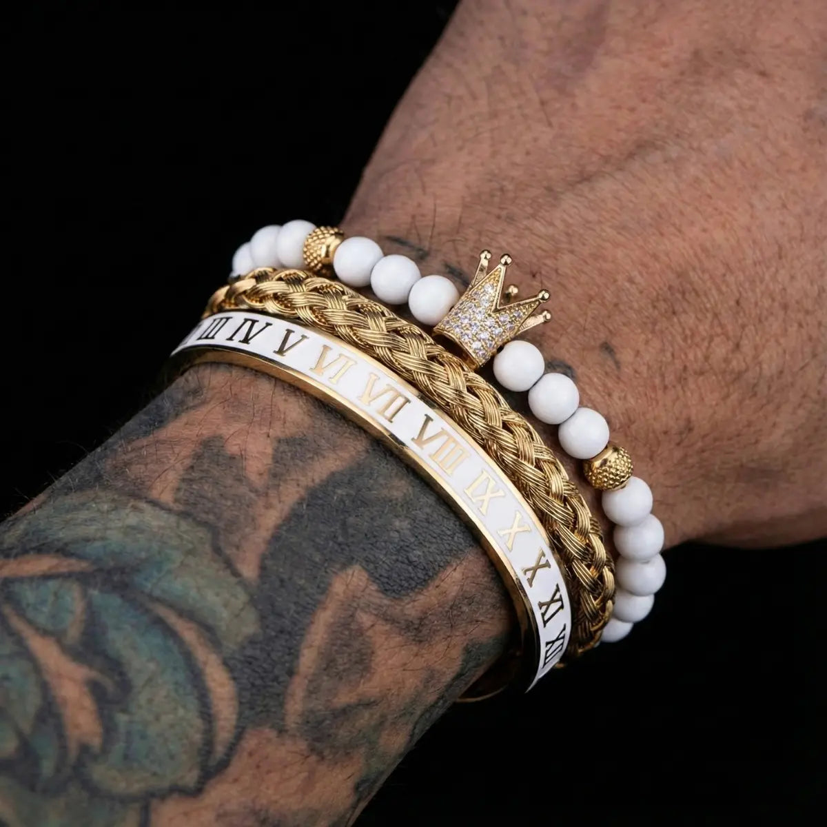 Royal Crown White Bead & Roman Numeral Bracelet Set White Worn by Male Model