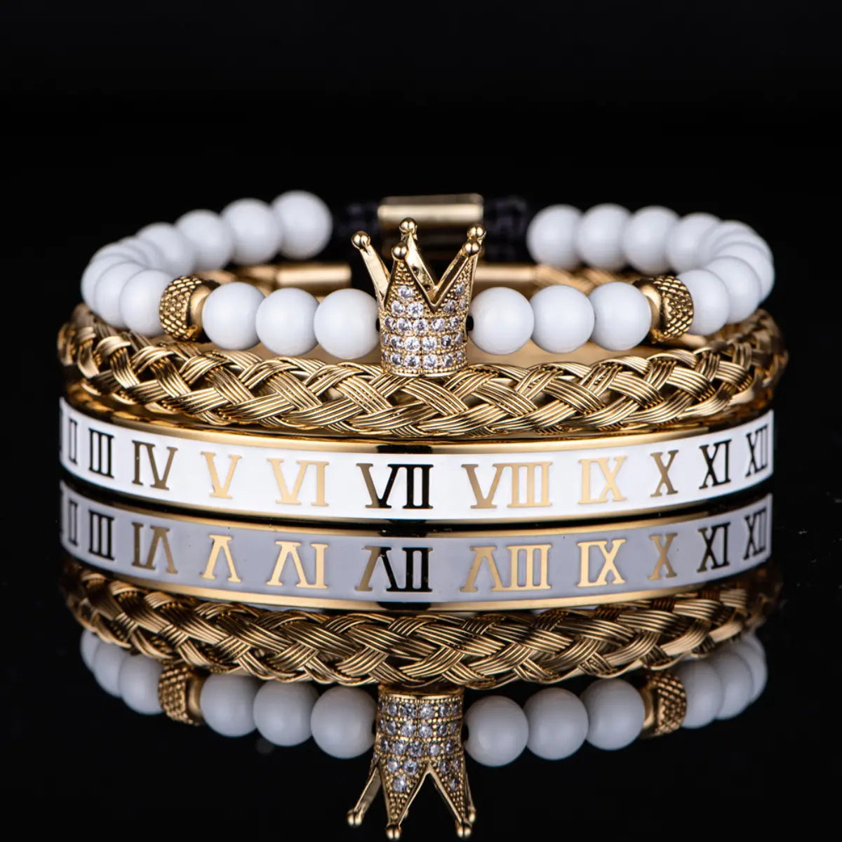 Royal Crown White Bead & Roman Numeral Bracelet Set White