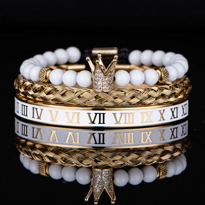 Royal Crown White Bead & Roman Numeral Bracelet Set White