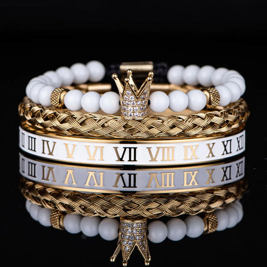 Royal Crown White Bead & Roman Numeral Bracelet Set White