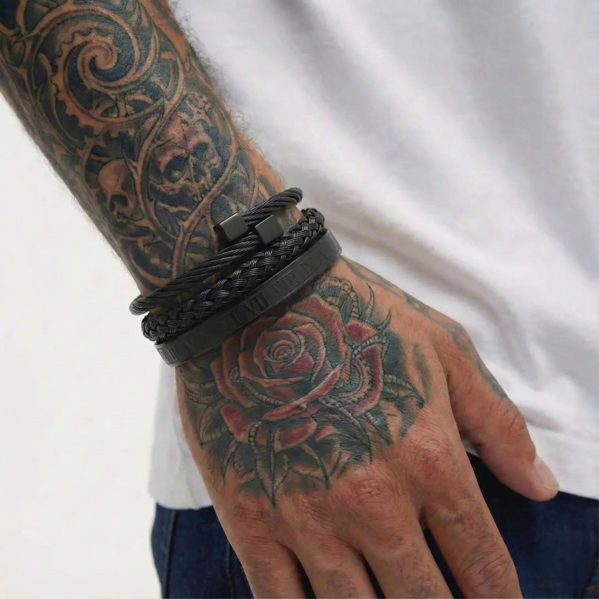 Royal Steel Cable & Braided Roman Numeral Bracelet Set Black Worn by Male Model