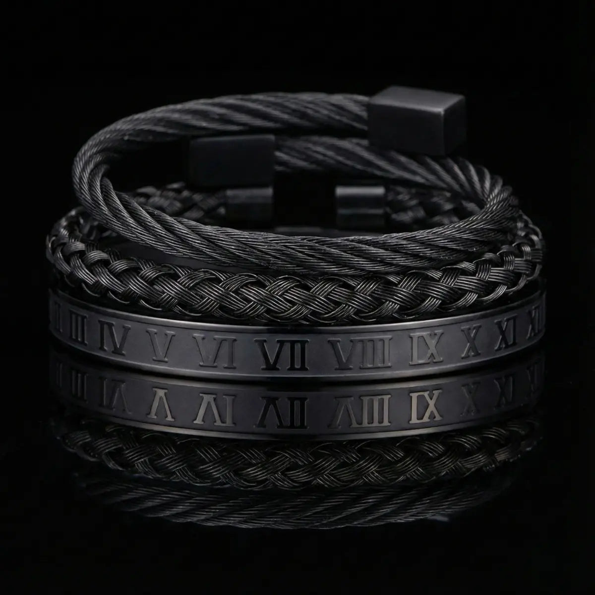 Royal Steel Cable & Braided Roman Numeral Bracelet Set Black