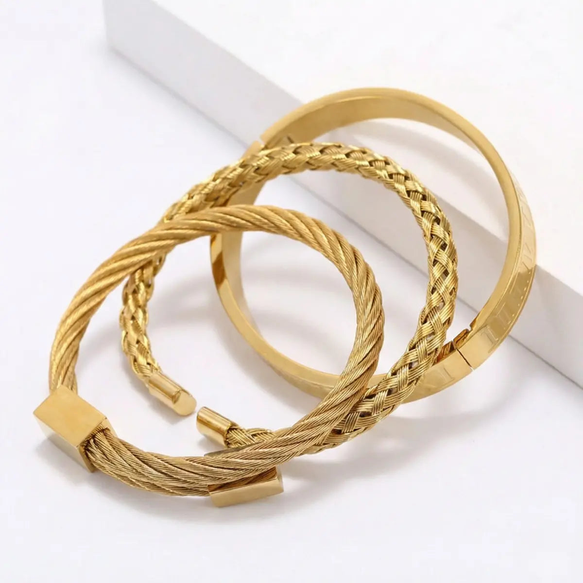 Royal Steel Cable & Braided Roman Numeral Bracelet Set Gold Details