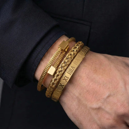 Royal Steel Cable & Braided Roman Numeral Bracelet Set Gold Worn by Male Model