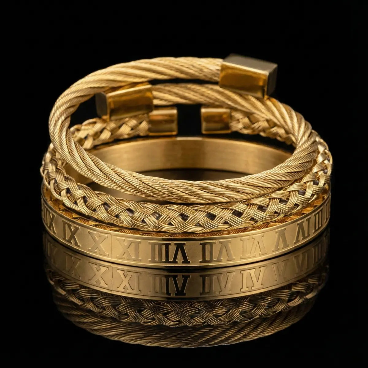 Royal Steel Cable & Braided Roman Numeral Bracelet Set Gold