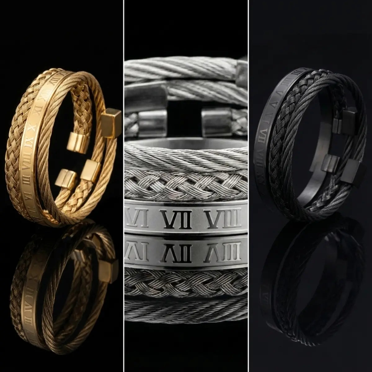 Royal Steel Cable & Braided Roman Numeral Bracelet Set Silver Gold and Black Details