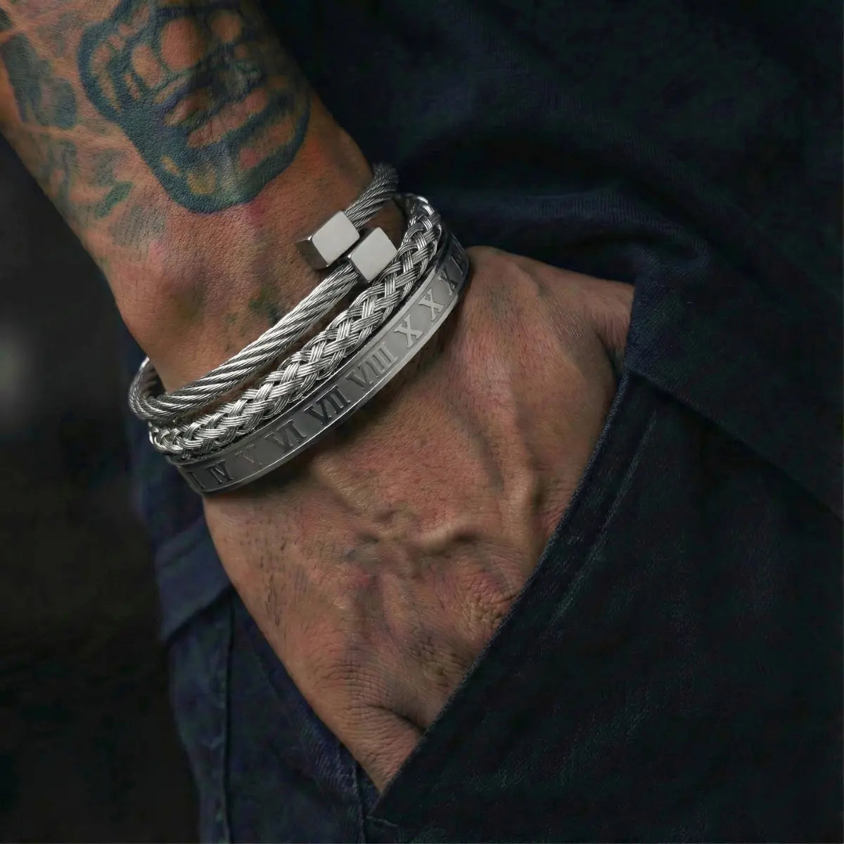 Royal Steel Cable & Braided Roman Numeral Bracelet Set Silver Worn by Male Model