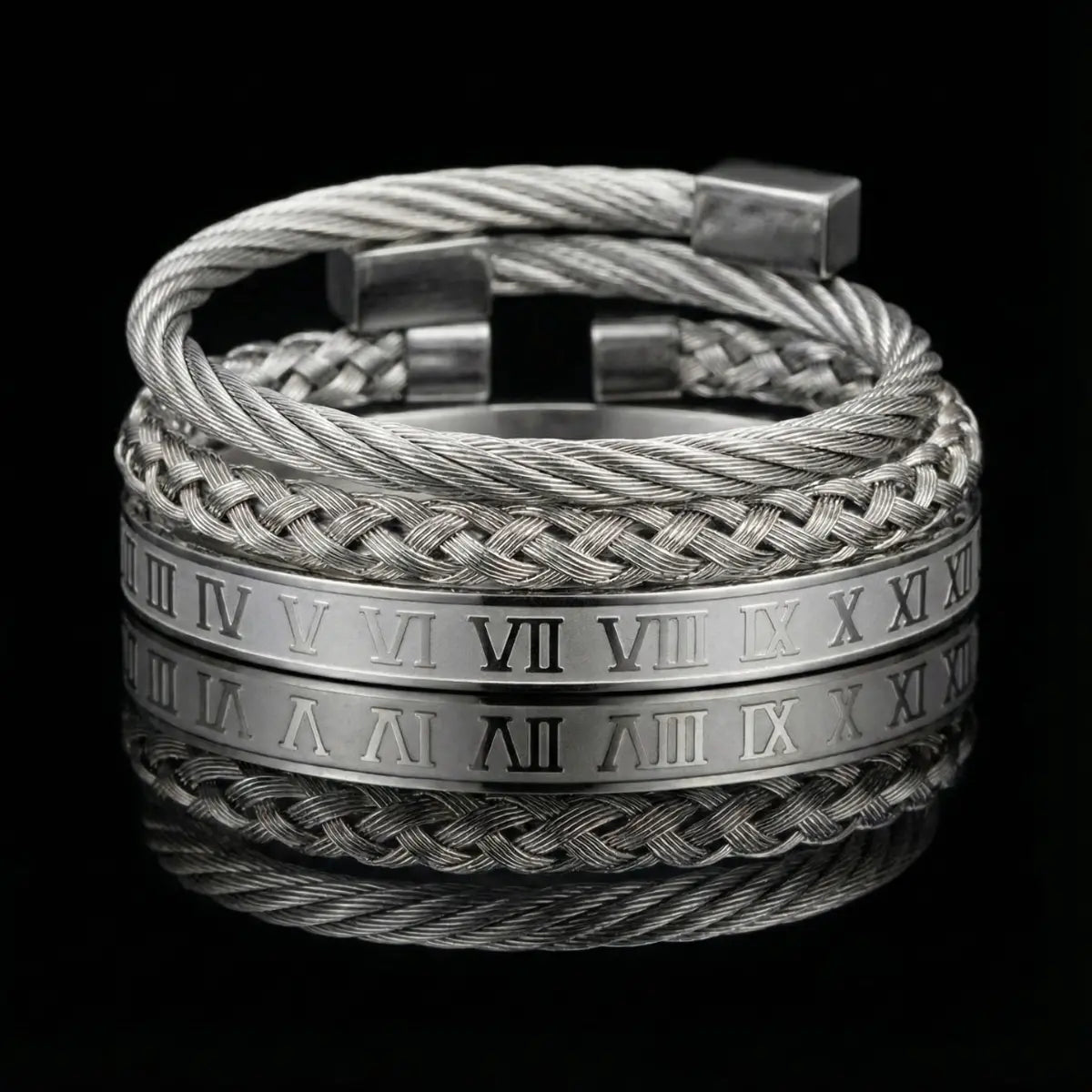 Royal Steel Cable & Braided Roman Numeral Bracelet Set Silver