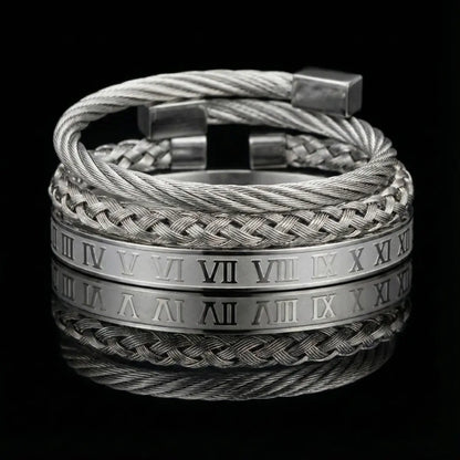 Royal Steel Cable & Braided Roman Numeral Bracelet Set Silver