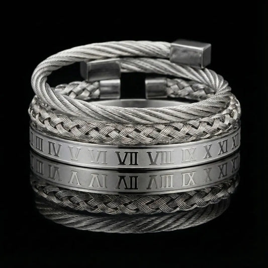 Royal Steel Cable & Braided Roman Numeral Bracelet Set Silver