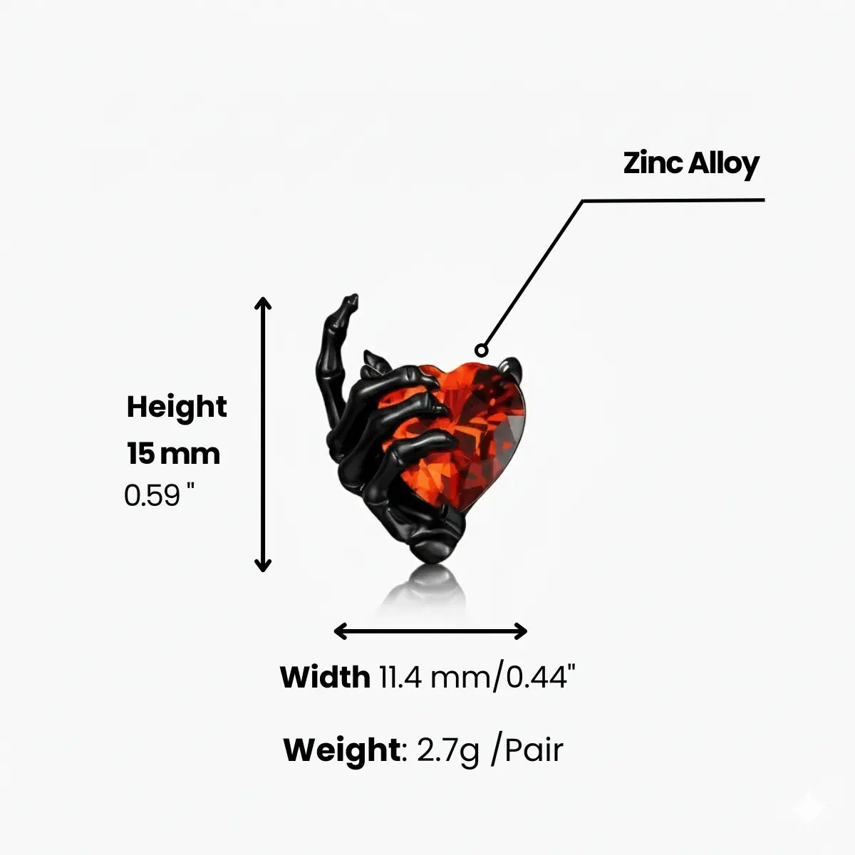 Ruby Heart Skeleton Hand Stud Earrings Dimensions and Weight