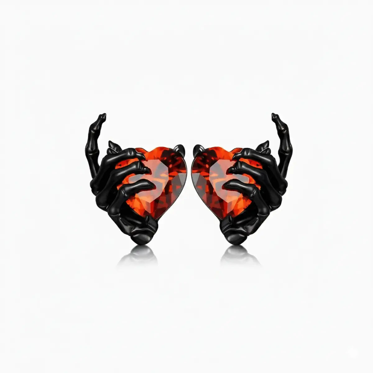 Ruby Heart Skeleton Hand Stud Earrings Front