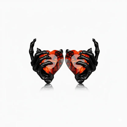 Ruby Heart Skeleton Hand Stud Earrings Front