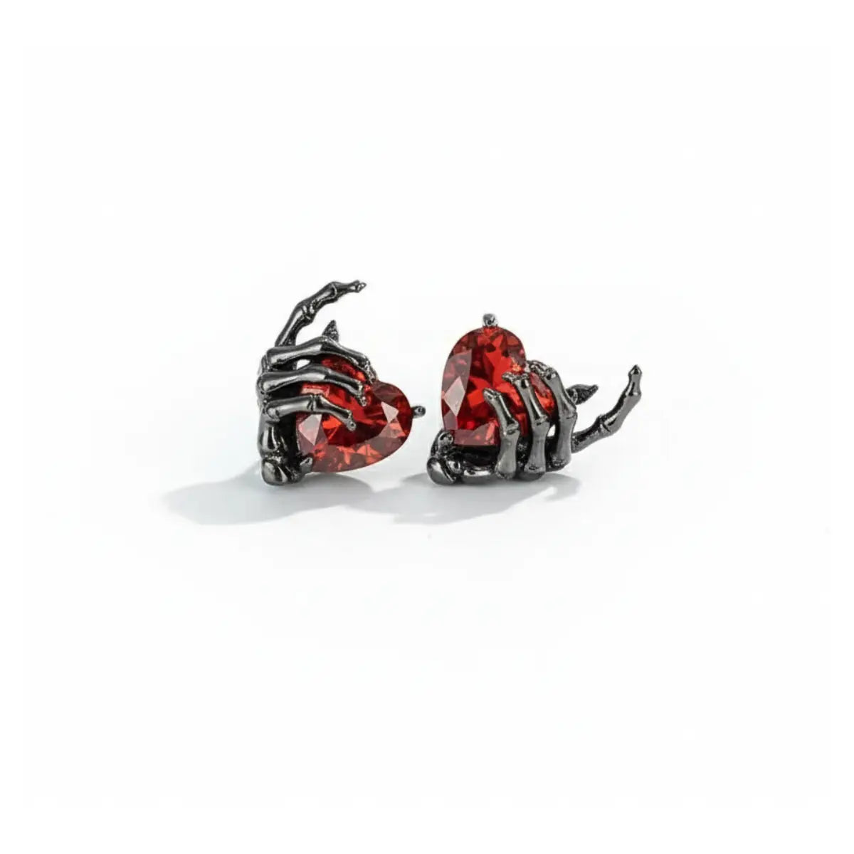Ruby Heart Skeleton Hand Stud Earrings Side