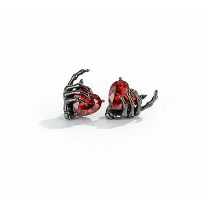 Ruby Heart Skeleton Hand Stud Earrings Side