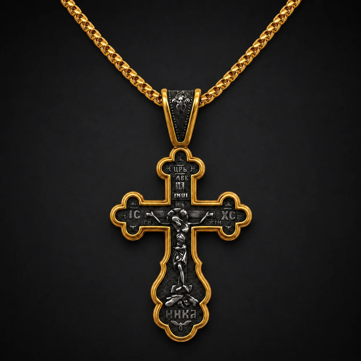 Russian Orthodox Cross Necklace Gold Close Up Black Background