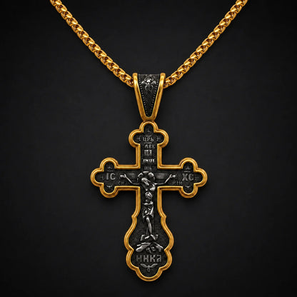 Russian Orthodox Cross Necklace Gold Close Up Black Background