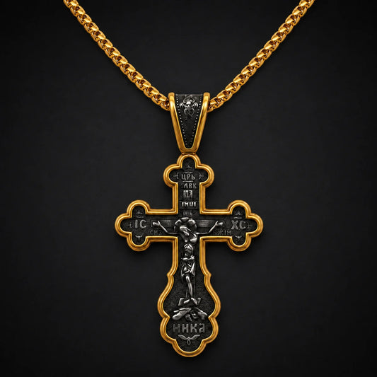 Russian Orthodox Cross Necklace Gold Close Up Black Background
