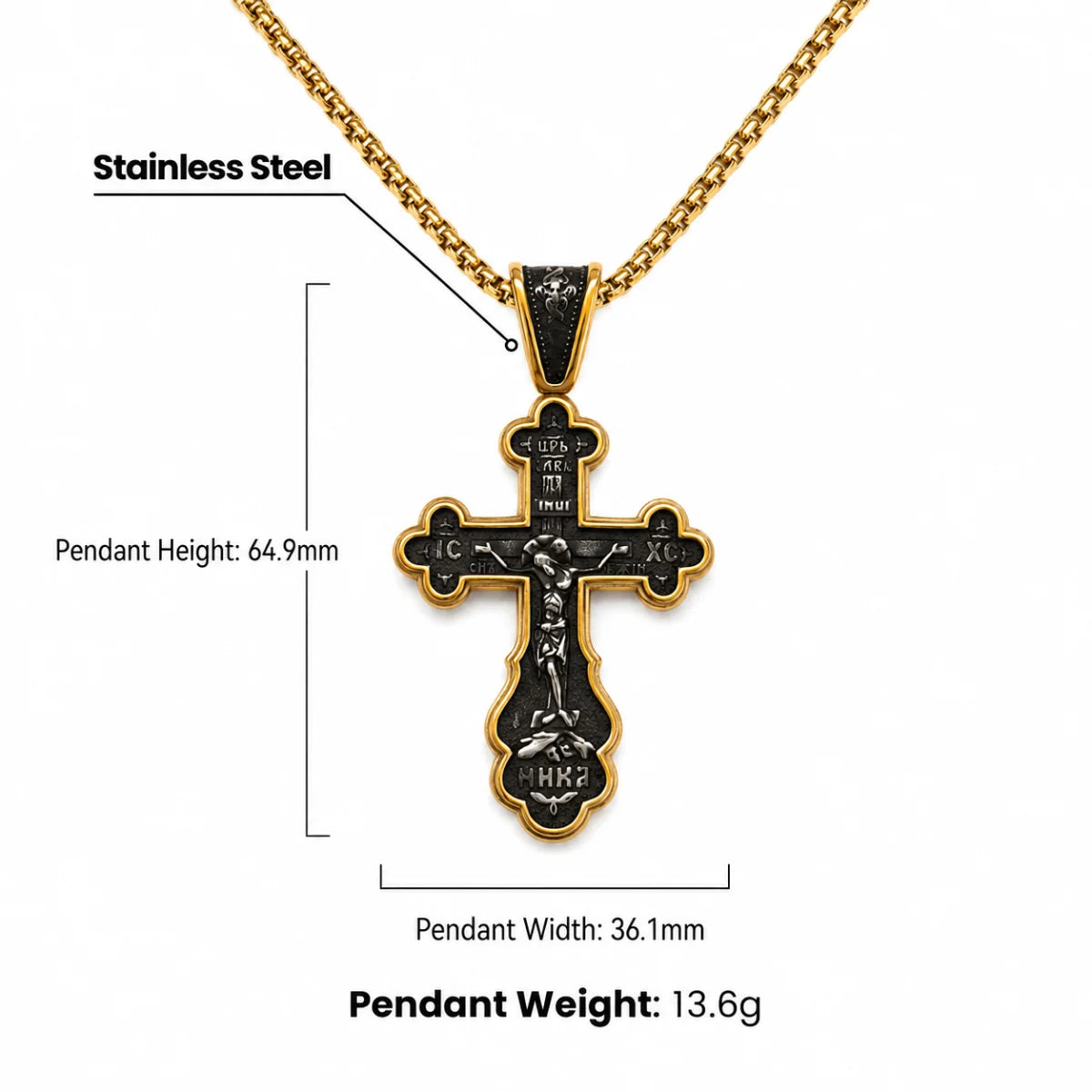 Russian Orthodox Cross Necklace Gold Dimensions and Weight Infographic