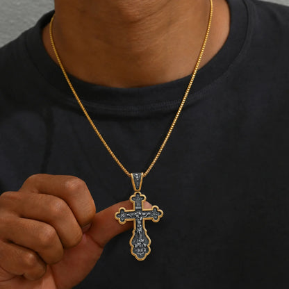 Russian Orthodox Cross Necklace Gold Worn by Male Model Close Up