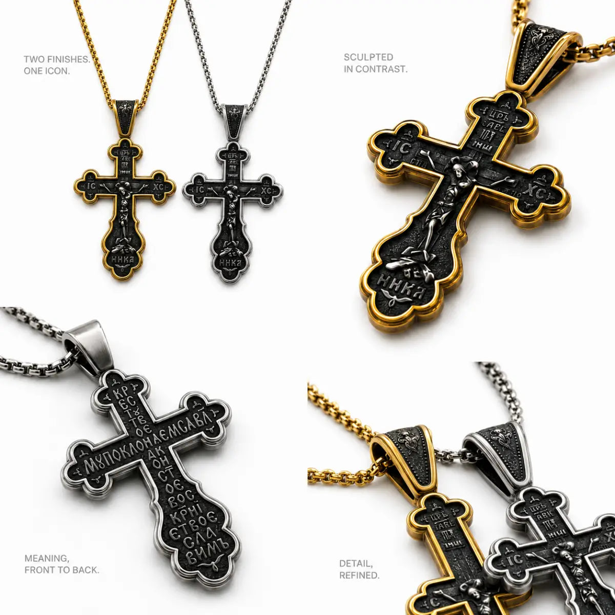 Russian Orthodox Cross Necklace Gold and Silver Options Details Infographic