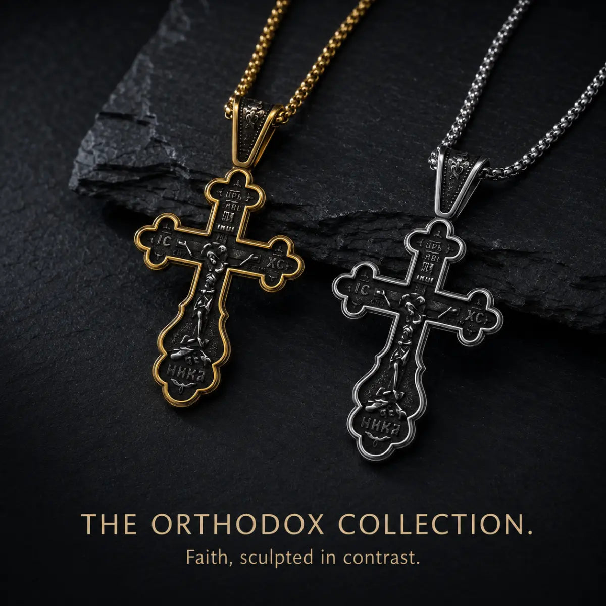Russian Orthodox Cross Necklaces Gold and Silver Options Displayed on Stone Surface