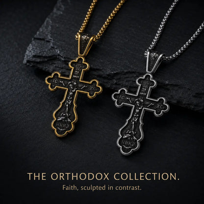 Russian Orthodox Cross Necklaces Gold and Silver Options Displayed on Stone Surface