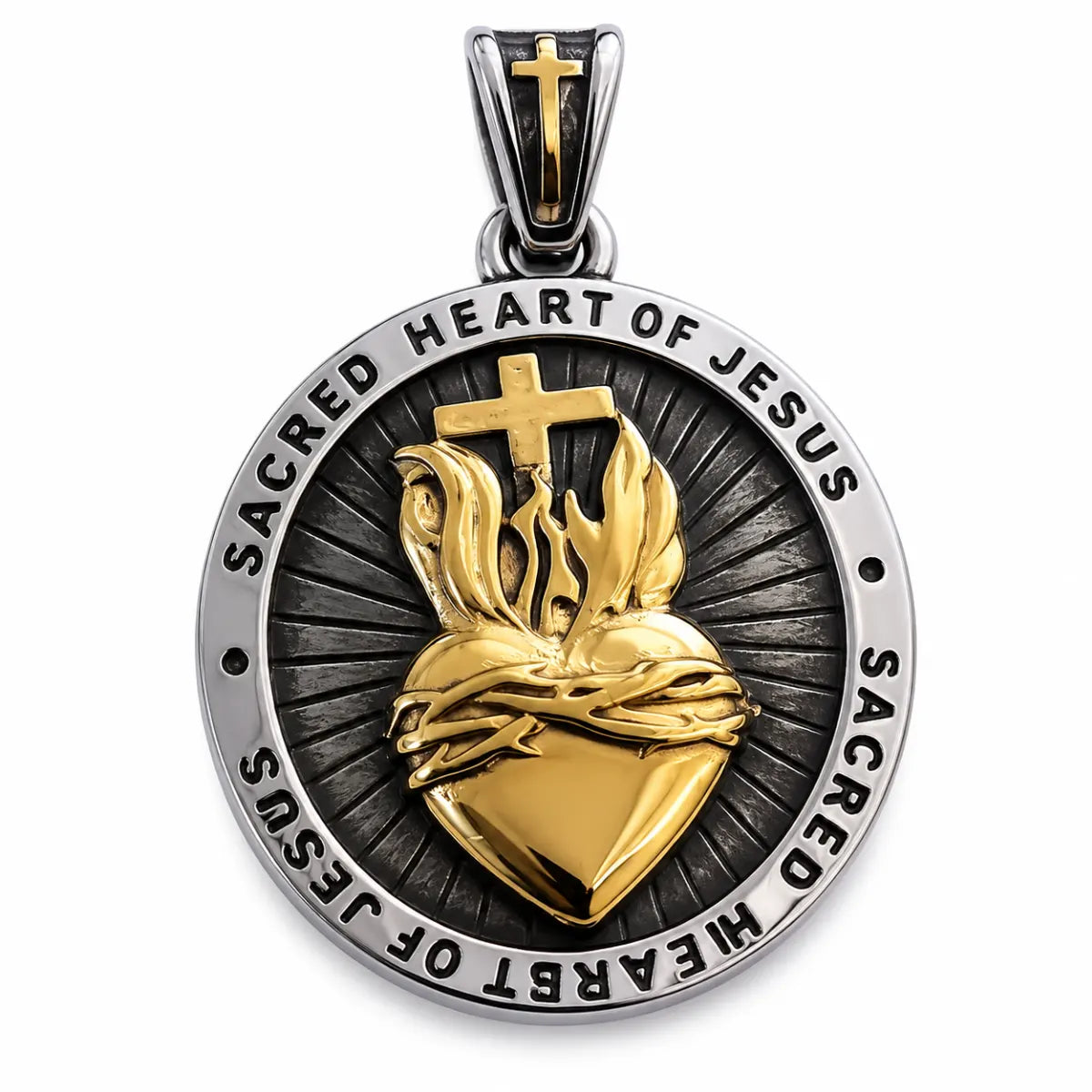 Sacred Heart Medal Necklace Gold & Silver Pendant Only Front View White Background