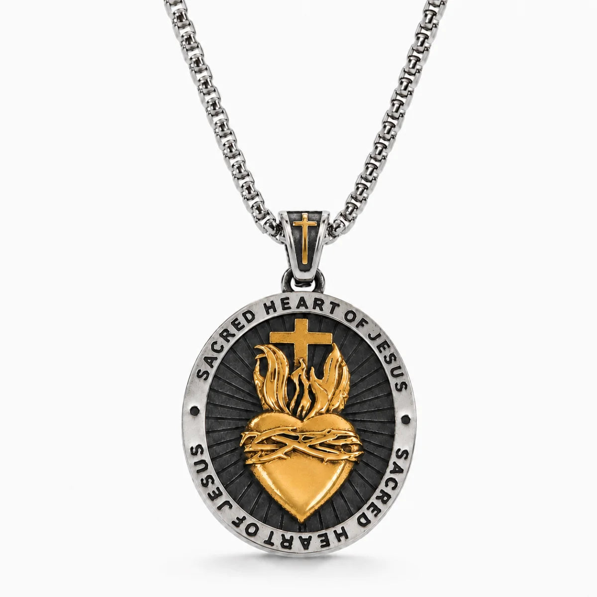 Sacred Heart Medal Necklace Gold & Silver Pendant with Chain Front View White Background