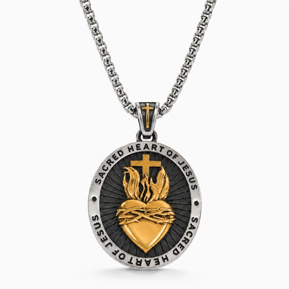 Sacred Heart Medal Necklace Gold & Silver Pendant with Chain Front View White Background