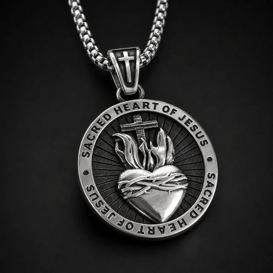 Sacred Heart Medal Necklace Silver Close Up Black Background