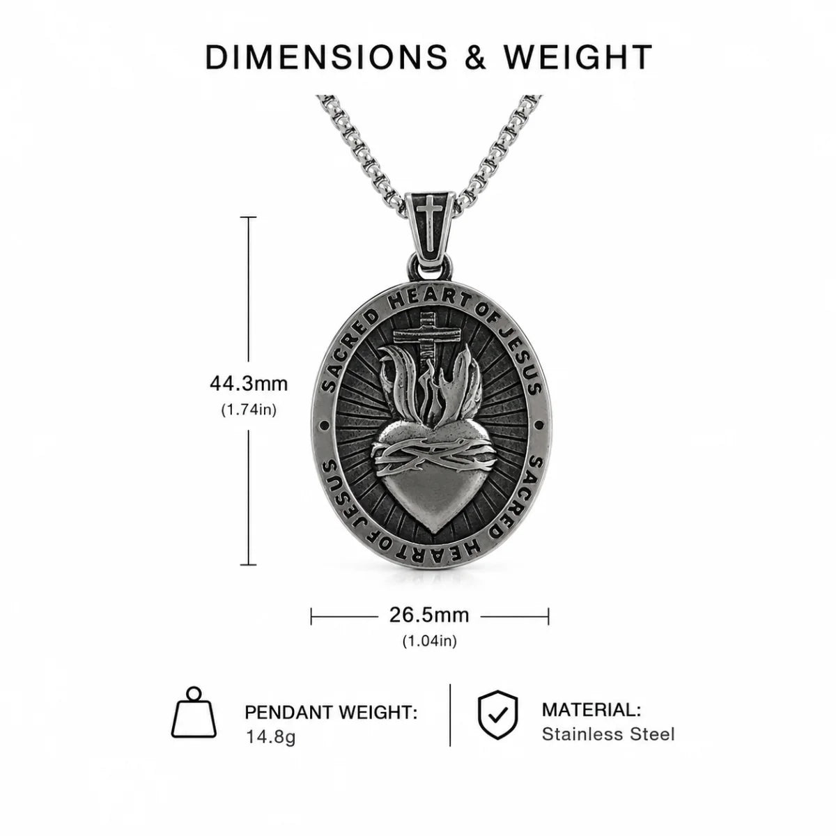Sacred Heart Medal Necklace Silver Dimension Diagram 48.7mm 1.92inch and 28.5mm 1.12inch
