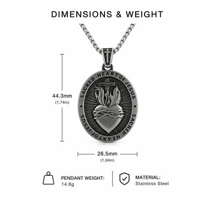 Sacred Heart Medal Necklace Silver Dimension Diagram 48.7mm 1.92inch and 28.5mm 1.12inch