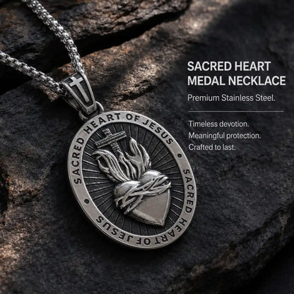 Sacred Heart Medal Necklace Silver Displayed on Stone Surface
