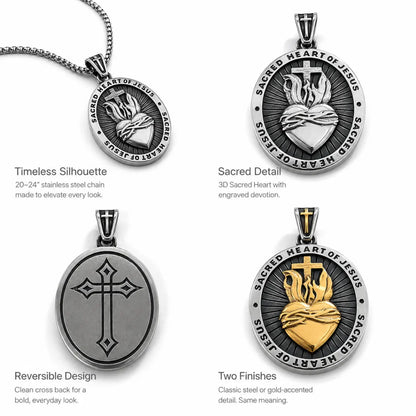 Sacred Heart Medal Necklace Silver Multi Angle Product Feature Showcase