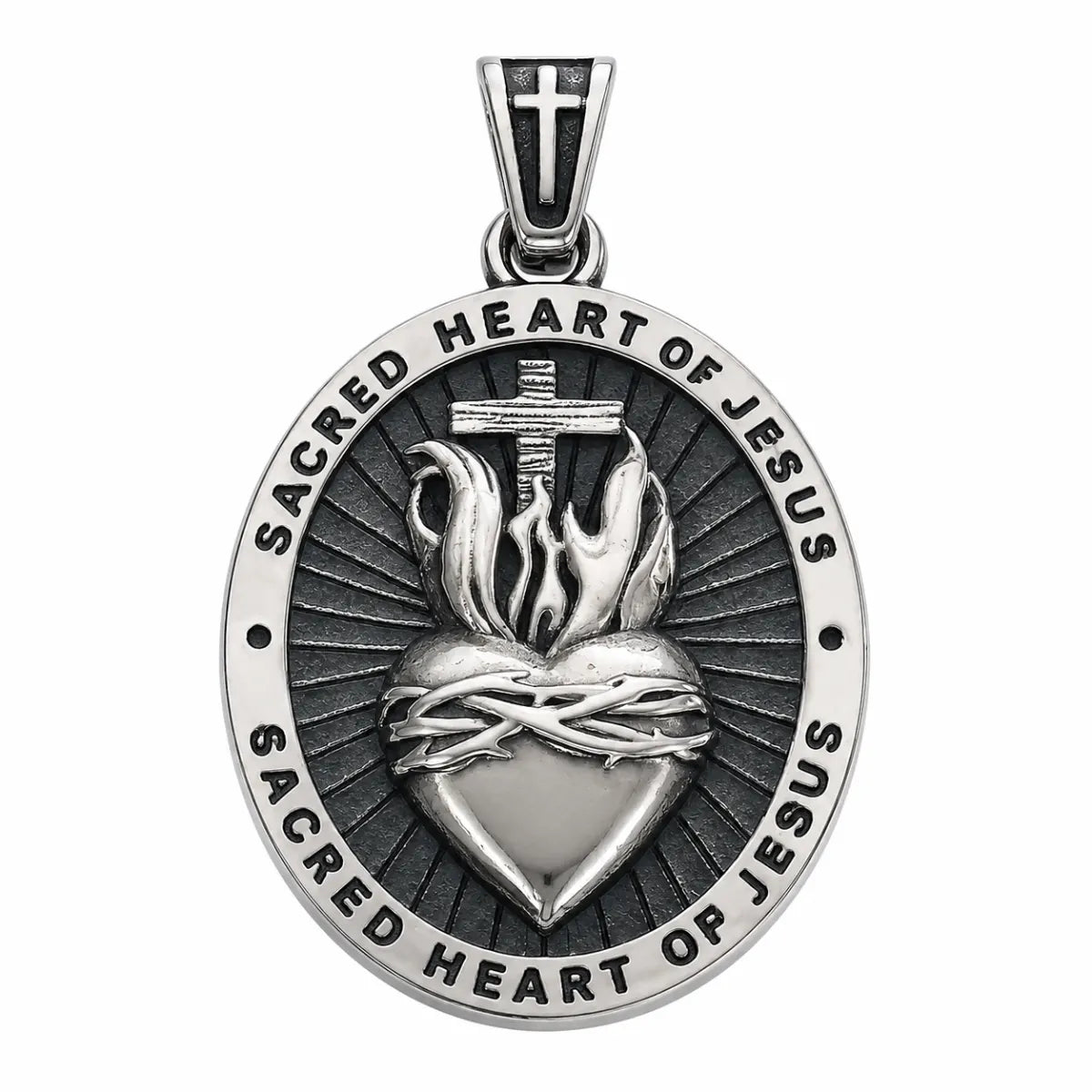 Sacred Heart Medal Necklace Silver Pendant Only Front View White Background
